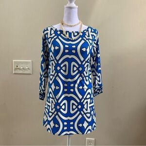Laundry By Design Coastal Funky Blue & White Print Long Sleeve Mini Dress Sz 4